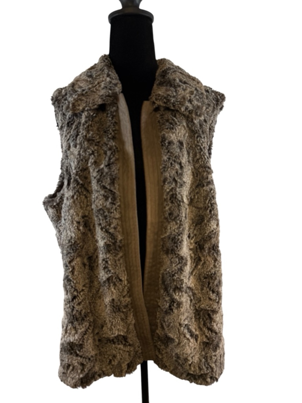 Chico’s Faux Fur Vest Grayish Brown Open Front Cozy Plush Layering Women Size 2